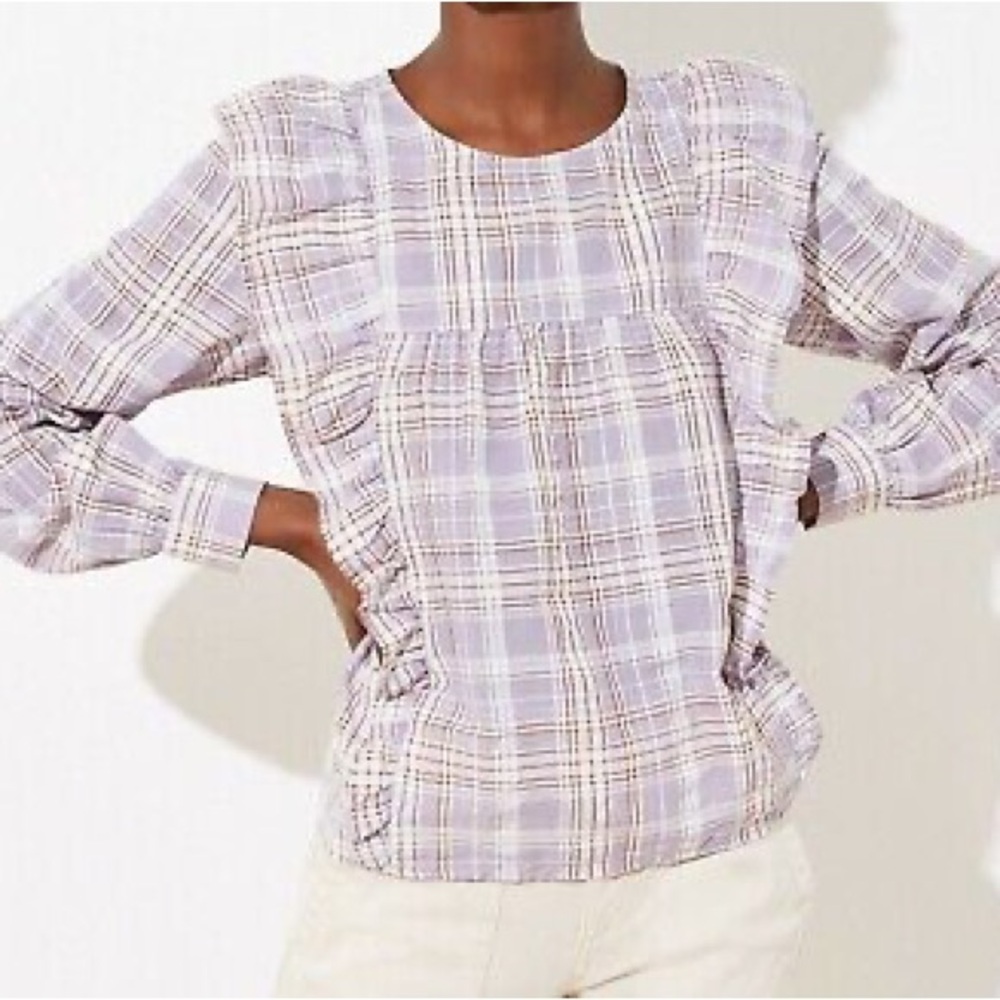 LOFT Frosted Lavender Ruffled Plaid Blouse Size Small
